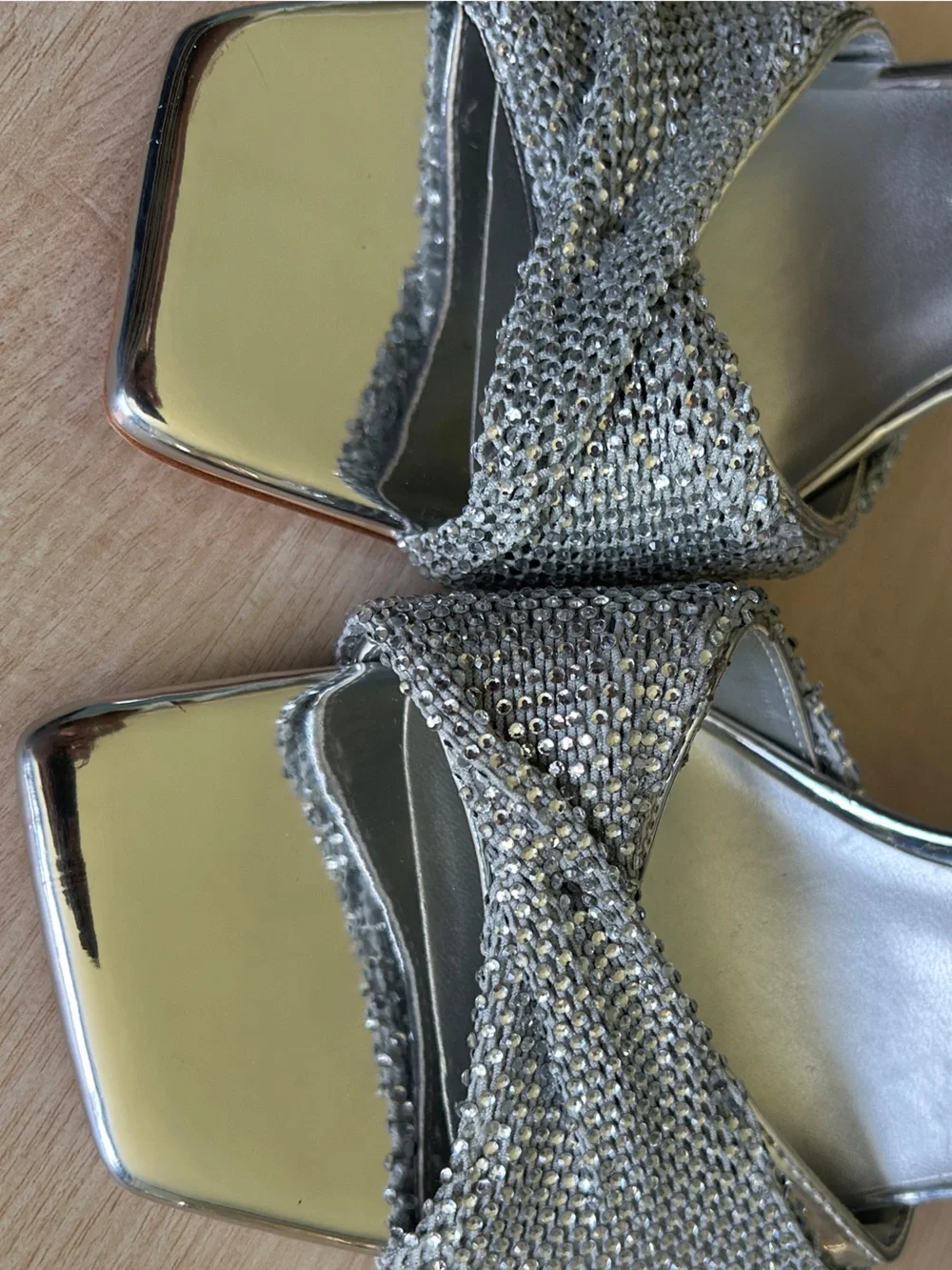 Nine West Silver Metallic Mesh Crystal Rhinestone Ankle-Strap Heels Size 7.5